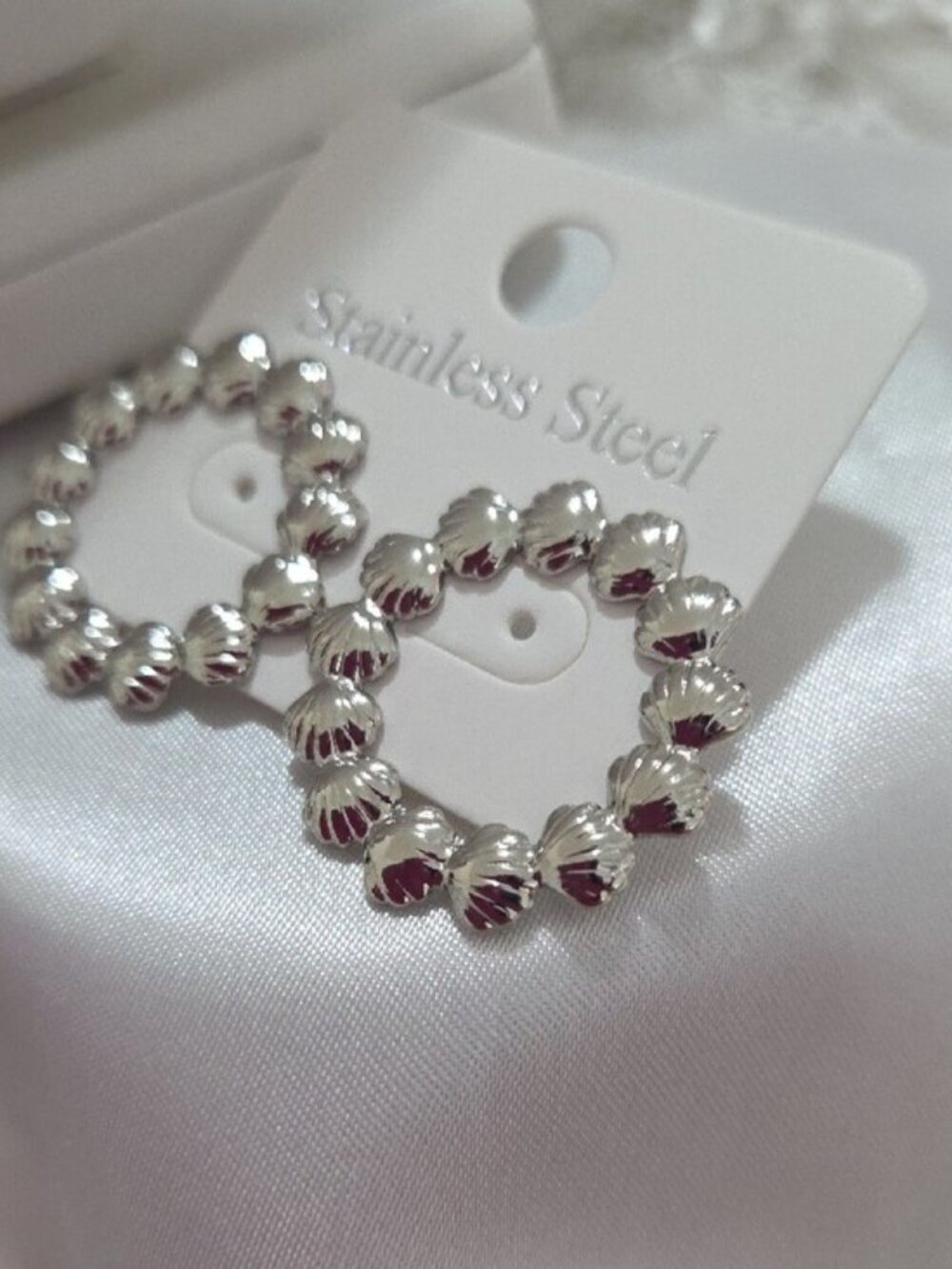 Stainless Steel Silver Beaded Hoop Earrings